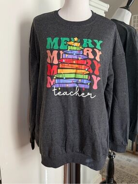 Medium Gray Merry Teacher Crewneck Sweatshirt